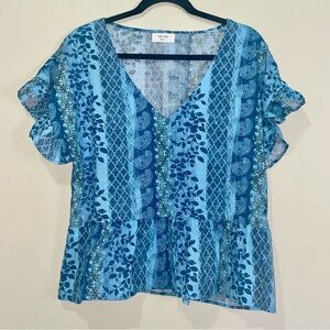 On You Nicolete Multi Print V-Neck Ruffle Peplum Top Size Small Women’s